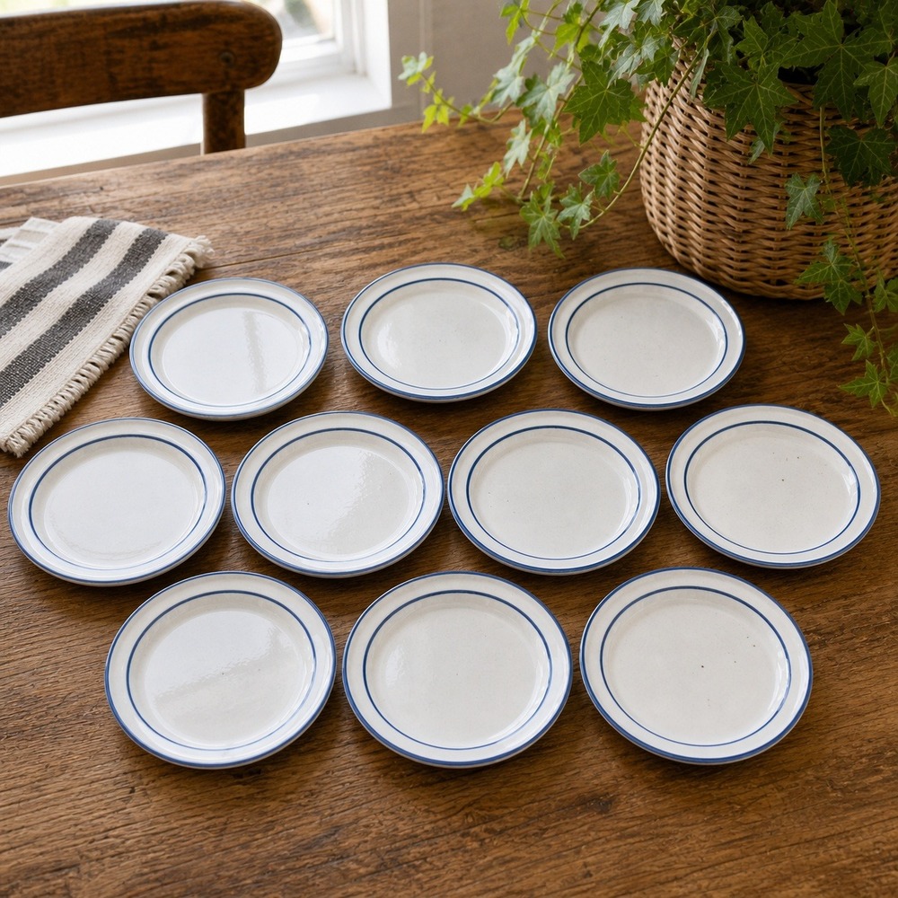 Dansk Designs Denmark NR Blue Rim White Speckled 7 Inch Plates Set of 10 Vintage